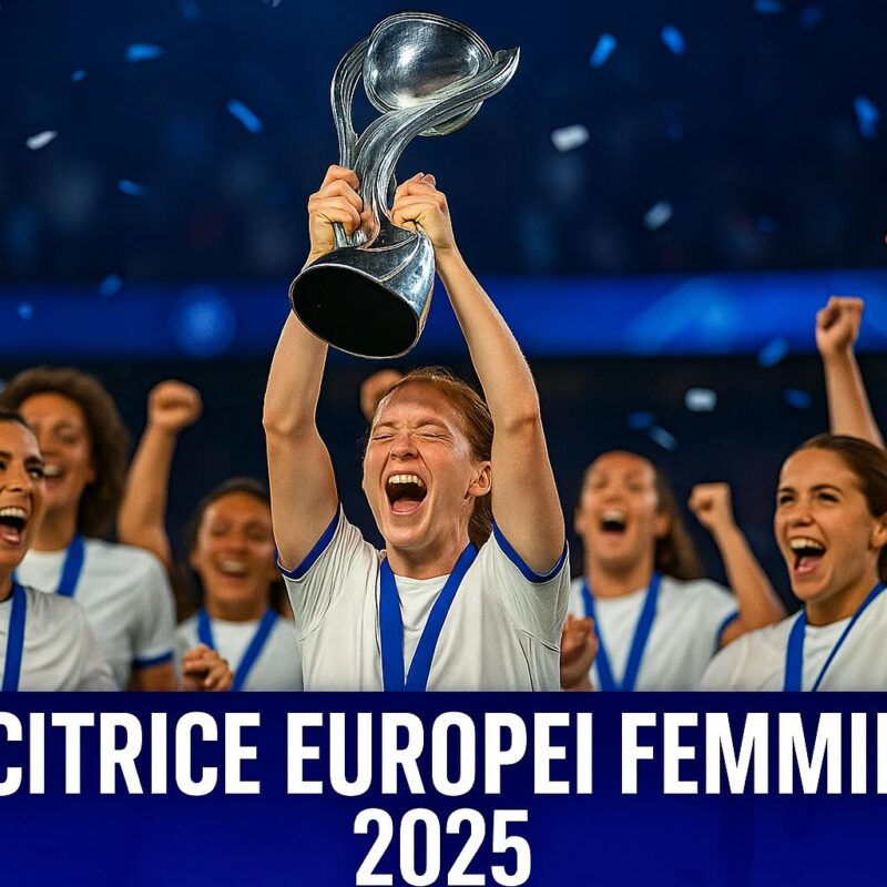 vincitrice europei femminili 2025 mentre solleva il trofeo dopo la finale allo stadio St. Jakob-Park di Basilea