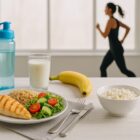 Tavola imbandita con piatti proteici e frutta fresca in primo piano, con sullo sfondo una persona che corre in un parco, simbolo di allenamento e benessere ad indicare che quello potrebbe essere una corretta alimentazione post allenamento
