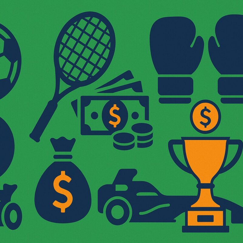Infografica con icone sportive e simboli di denaro su sfondo verde, dedicata al tema dell’atleta più pagato al mondo.