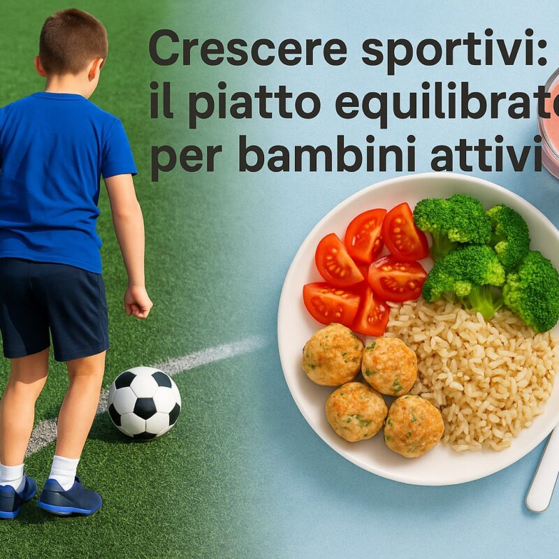 Un bambino di circa 8 anni visto di spalle mentre si allena a calcio, accanto a un piatto equilibrato con riso, verdure e polpette, simbolo del legame tra bambini e sport e una corretta alimentazione.