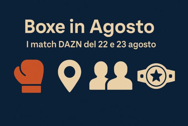 Grafica promozionale in formato 16:9 con sfondo blu scuro e testo “Boxe in Agosto – I match DAZN del 22 e 23 agosto”, accompagnata da icone stilizzate: un guantone da boxe, un segnaposto geografico, due sagome di persone e una cintura da campione.