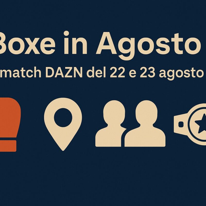 Grafica promozionale in formato 16:9 con sfondo blu scuro e testo “Boxe in Agosto – I match DAZN del 22 e 23 agosto”, accompagnata da icone stilizzate: un guantone da boxe, un segnaposto geografico, due sagome di persone e una cintura da campione.