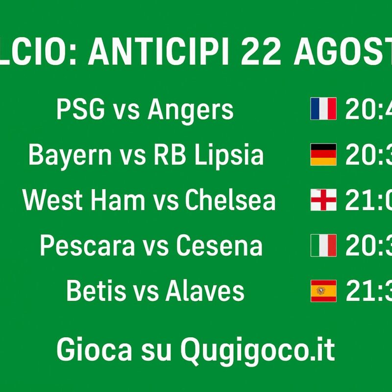 Grafica verde con elenco partite di calcio anticipi 22 agosto, bandierine nazionali, nomi squadre, orari e scritta in basso “Gioca su Quigioco.it”.