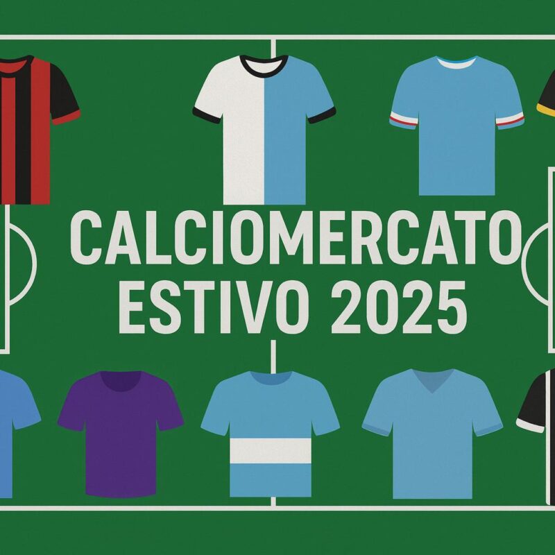 Grafica di un campo da calcio verde con al centro la scritta “CALCIOMERCATO ESTIVO 2025”, circondata da otto maglie stilizzate, ciascuna con i colori caratteristici delle principali squadre di Serie A italiana.