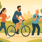 Tre persone si allenano in un parco: donna a passo svelto, uomo in bici e anziano con manubri, simbolo di sport per perdere peso in modo sano
