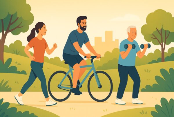 Tre persone si allenano in un parco: donna a passo svelto, uomo in bici e anziano con manubri, simbolo di sport per perdere peso in modo sano