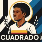 Cuadrado all’inter: illustrazione vettoriale di Juan Cuadrado in tre quarti, con aureola dorata e rami d’alloro, su sfondo a strisce bianconere e nerazzurre.