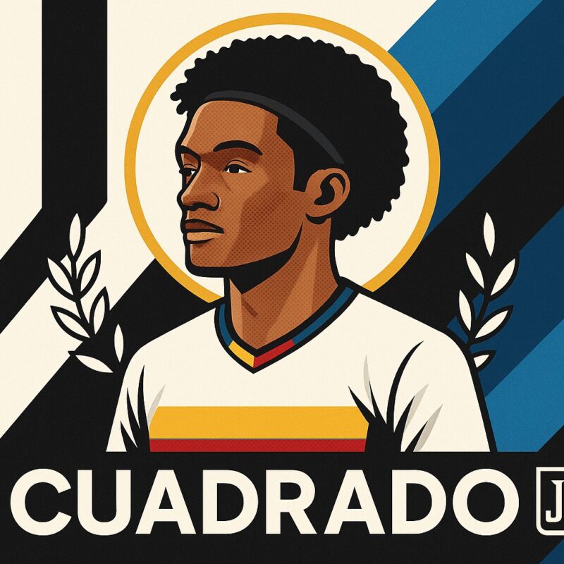 Cuadrado all’inter: illustrazione vettoriale di Juan Cuadrado in tre quarti, con aureola dorata e rami d’alloro, su sfondo a strisce bianconere e nerazzurre.