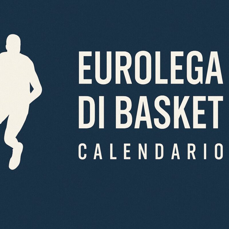Silhouette bianca di un giocatore di basket in movimento su sfondo blu scuro, con testo a destra: Eurolega di Basket - Calendario