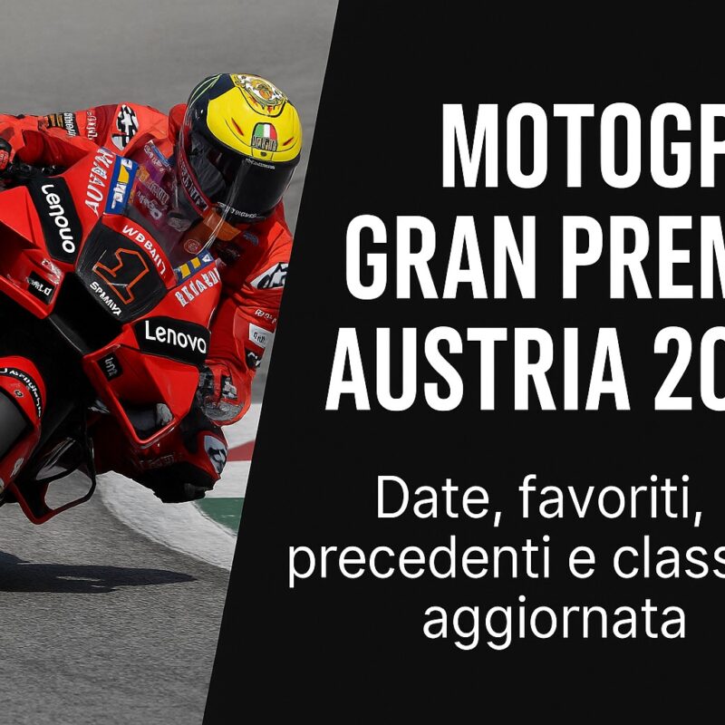 Pilota MotoGP su Ducati in piega su curva del Red Bull Ring, accanto a titolo MotoGP Gran Premio Austria 2025 su sfondo nero con testo bianco.