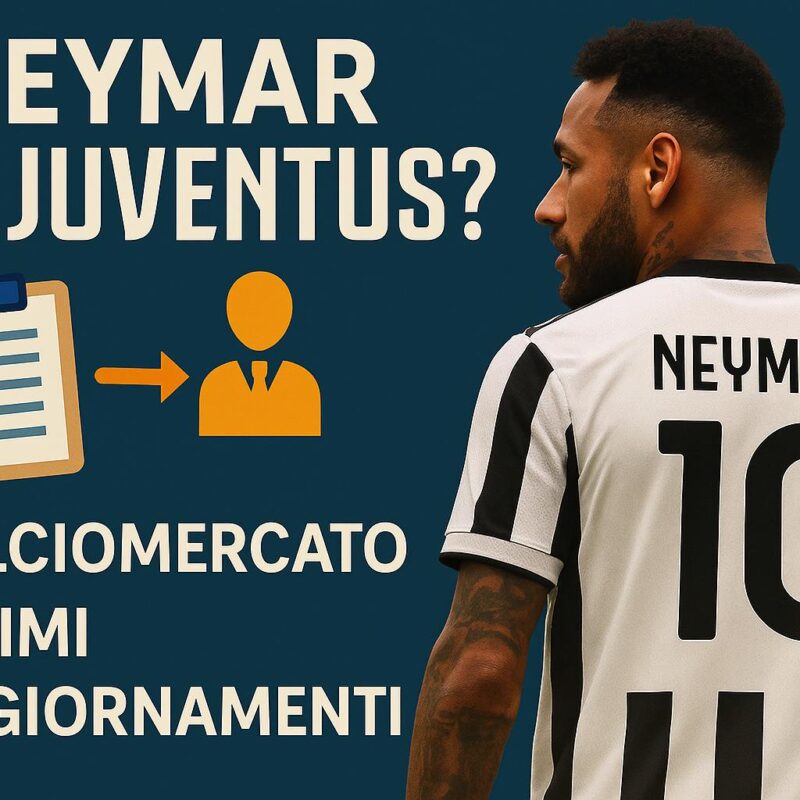 Grafica digitale con tema Neymar alla Juventus, realizzata in stile informativo con sfondo calcistico