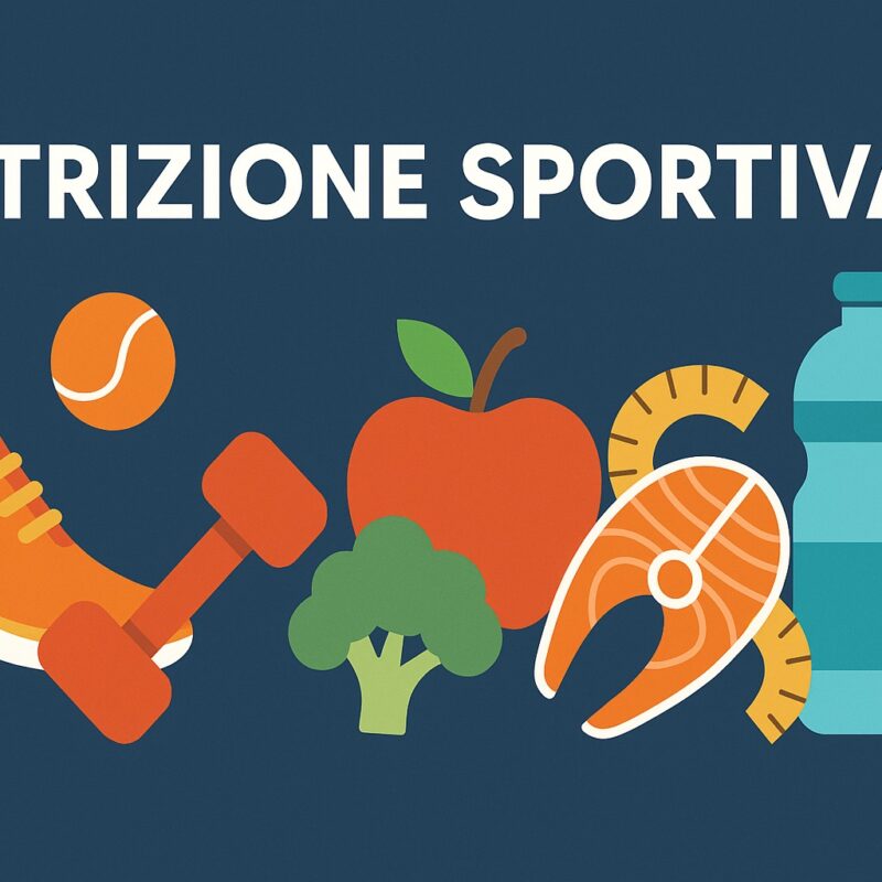Illustrazione con icone di sport e cibo: scarpa da corsa, manubrio, palla da tennis, mela, broccoli, salmone e bottiglia d’acqua su sfondo blu che illustrano la nutrizione sportiva
