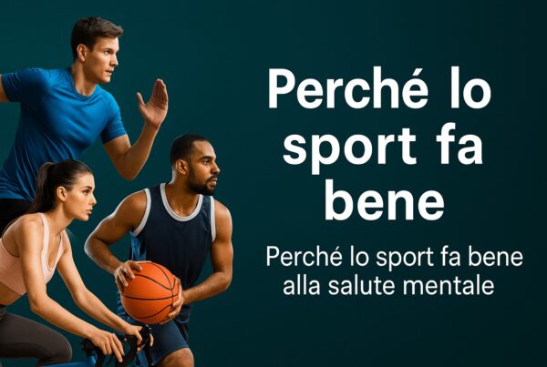 Tre atleti in azione su sfondo verde scuro: una ciclista, un corridore e un giocatore di basket, accanto alla scritta Perché lo sport fa bene alla salute mentale