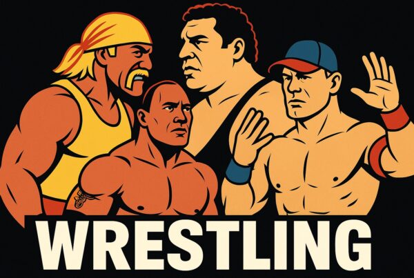 Illustrazione iconica dei personaggi wrestling con Hulk Hogan, André the Giant, The Rock e John Cena in posa epica con la scritta Wrestling in basso