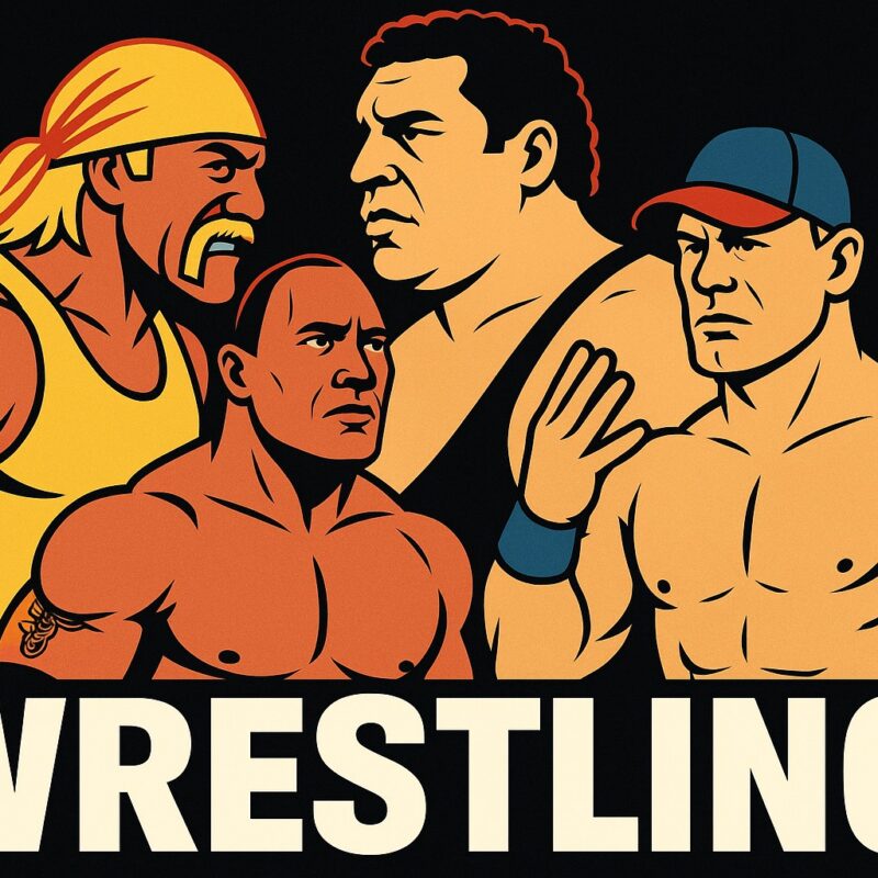 Illustrazione iconica dei personaggi wrestling con Hulk Hogan, André the Giant, The Rock e John Cena in posa epica con la scritta Wrestling in basso