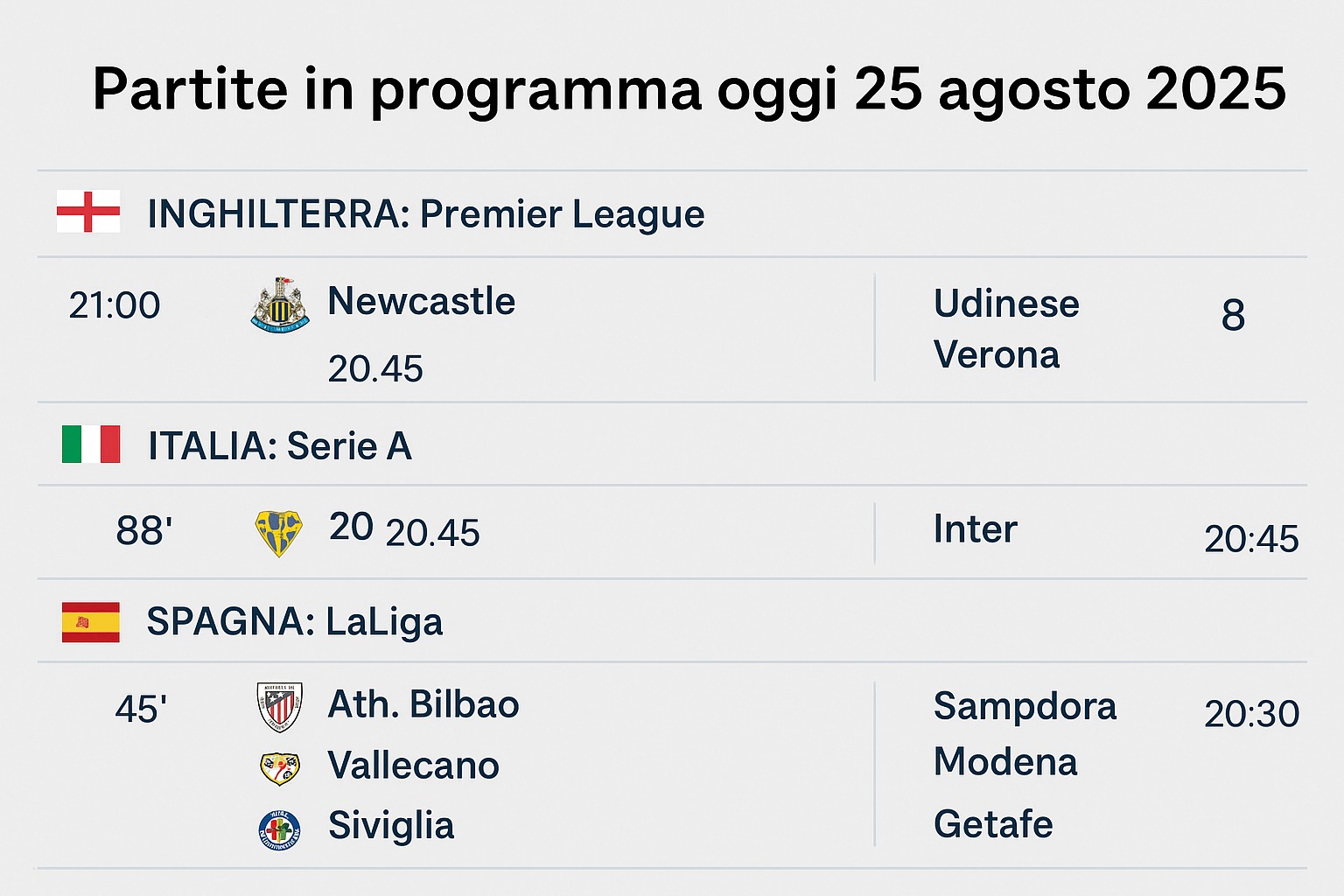 Posticipi del 25 agosto 2025: Serie A, B, Premier e Liga