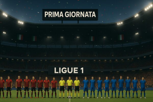 Stadio pieno al crepuscolo: due squadre allineate (maglie rossonere vs blu) e terna arbitrale a centrocampo, maxi-schermo con scritte “PRIMA GIORNATA” e “LIGUE 1”, senza loghi.