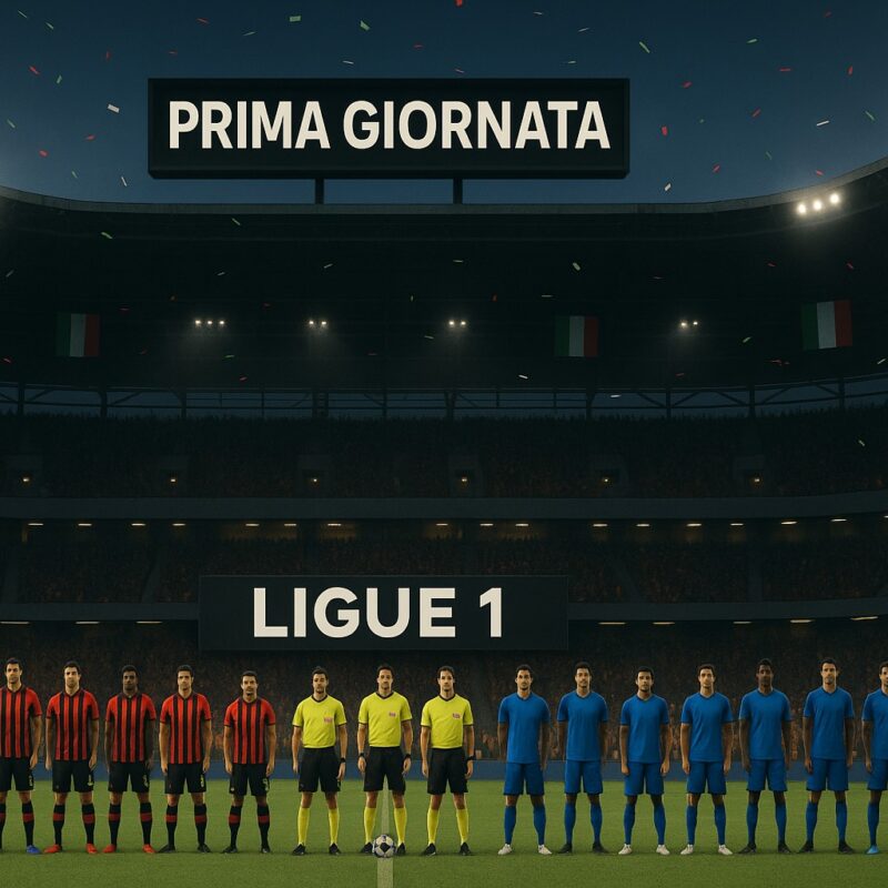 Stadio pieno al crepuscolo: due squadre allineate (maglie rossonere vs blu) e terna arbitrale a centrocampo, maxi-schermo con scritte “PRIMA GIORNATA” e “LIGUE 1”, senza loghi.