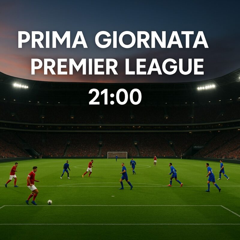 Stadio pieno al crepuscolo: partita della prima giornata Premier League con squadre in rosso e blu in area, maxi-scritta “PRIMA GIORNATA – PREMIER LEAGUE – 21:00”, nessun logo.