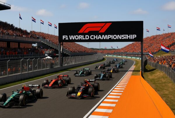 Prossimo GP F1 a Zandvoort 2025 con monoposto in gara, tribune gremite di tifosi olandesi in arancione e bandiere nazionali.