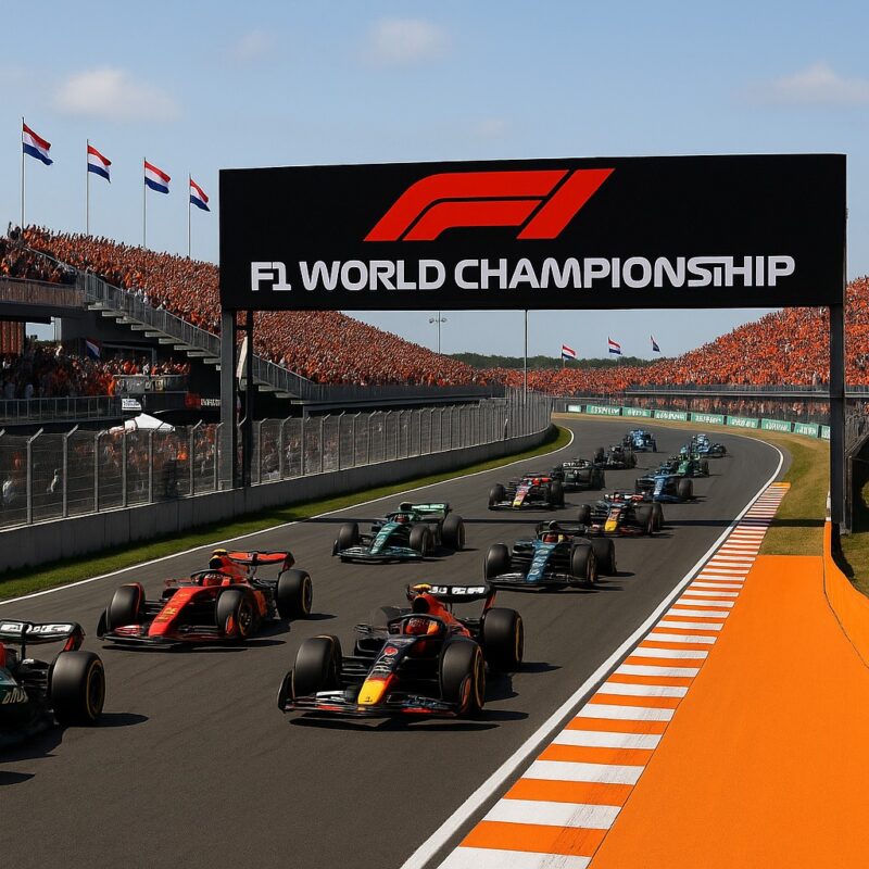 Prossimo GP F1 a Zandvoort 2025 con monoposto in gara, tribune gremite di tifosi olandesi in arancione e bandiere nazionali.