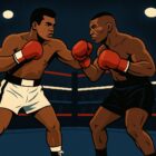 Illustrazione iconografica di un incontro di pugilato pesi massimi con Muhammad Ali e Mike Tyson sul ring in posa epica