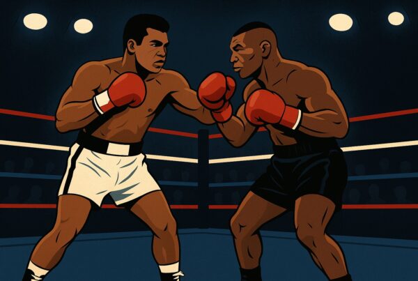 Illustrazione iconografica di un incontro di pugilato pesi massimi con Muhammad Ali e Mike Tyson sul ring in posa epica