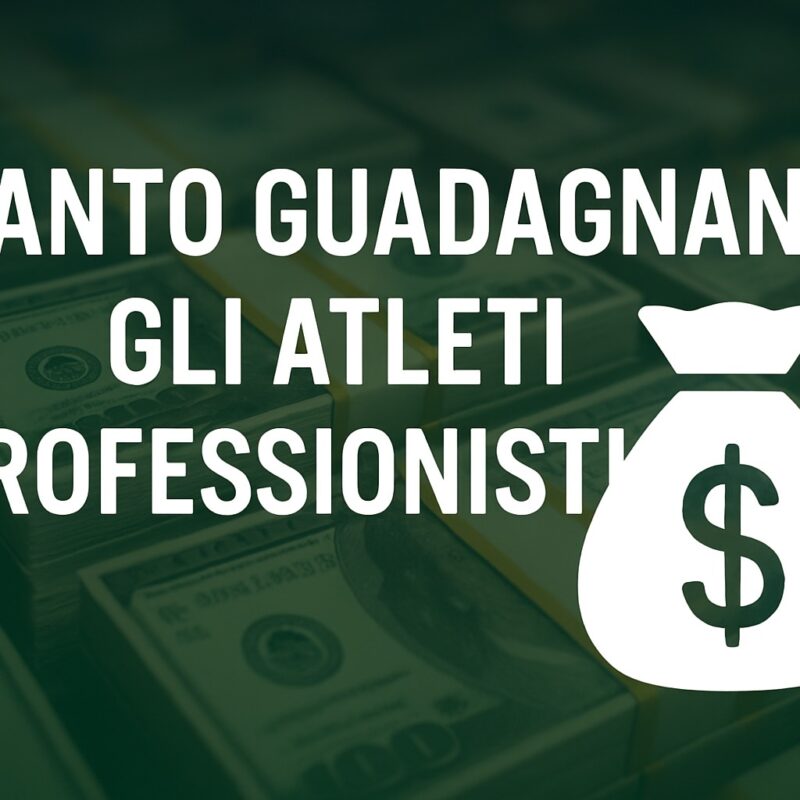 Grafica con sfondo di mazzette di dollari sfocate, testo centrale “Quanto guadagnano gli atleti professionisti” in bianco e icona stilizzata di un sacco di denaro in basso a destra.