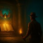 Esploratore con torcia osserva un libro d’oro brillante su piedistallo in una tomba egizia; sulla parete risplende uno scarabeo alato nella rappresentazione di questa recensione completa della slot book of ra