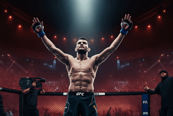 Un fighter UFC celebra la vittoria all'interno della gabbia ottagonale, simbolo di trionfo e rispetto del regolamento UFC.
