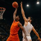 Giocatore di basket che schiaccia a canestro mentre un avversario tenta di bloccarlo, azione dinamica per illustrare le regole basket.
