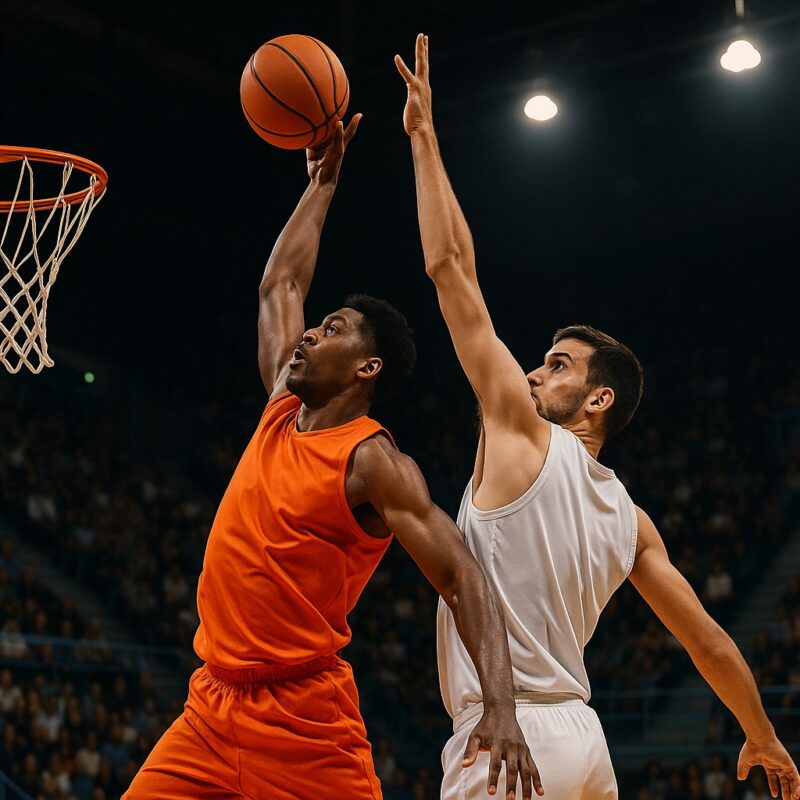 Giocatore di basket che schiaccia a canestro mentre un avversario tenta di bloccarlo, azione dinamica per illustrare le regole basket.