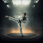 Un atleta di Taekwondo in divisa bianca con cintura nera esegue un calcio alto su un tatami ottagonale. L'immagine cattura il movimento in un ambiente dinamico, illuminato da luci intense che mettono in risalto la concentrazione e l'energia dell'atleta. Regole del taekwondo
