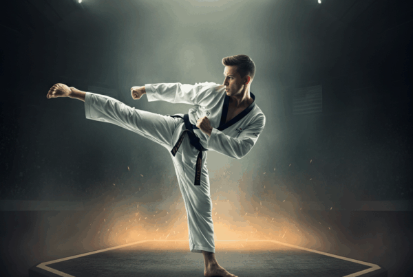 Un atleta di Taekwondo in divisa bianca con cintura nera esegue un calcio alto su un tatami ottagonale. L'immagine cattura il movimento in un ambiente dinamico, illuminato da luci intense che mettono in risalto la concentrazione e l'energia dell'atleta. Regole del taekwondo
