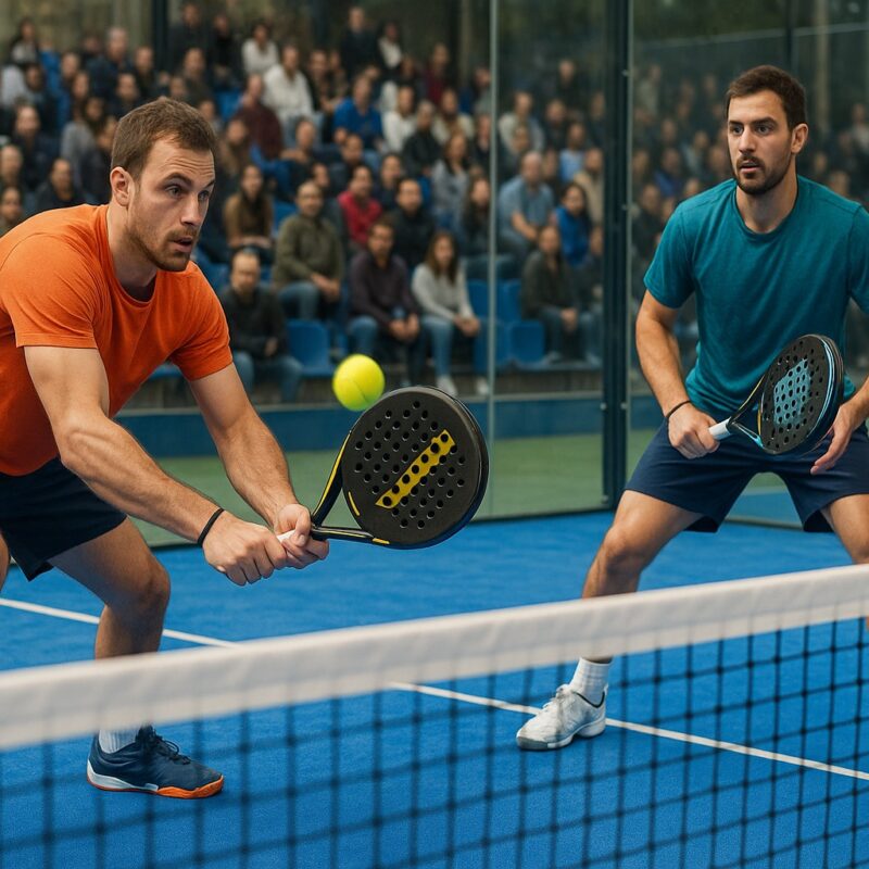 Scena realistica che illustra le regole padel: due giocatori in campo blu colpiscono la palla vicino alla rete, con vetri laterali e pubblico sugli spalti.
