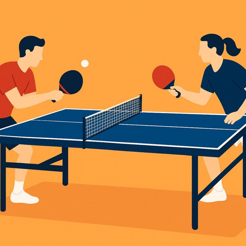 Illustrazione iconografica iche mostra due giocatori impegnati in una partita secondo le regole ping pong, con tavolo blu, rete centrale e colpo in azione