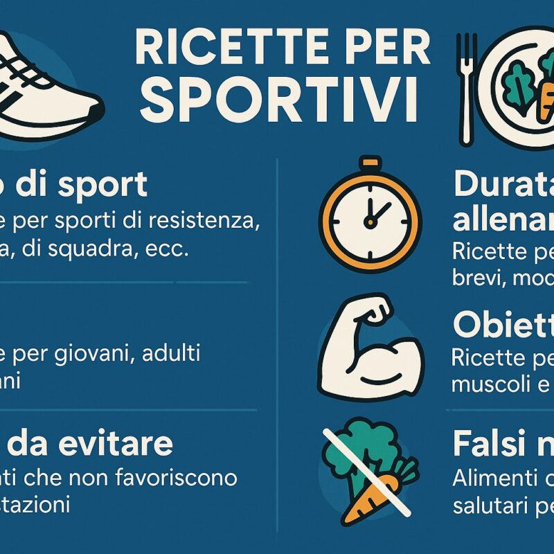 Infografica in stile piatto intitolata Ricette per Sportivi, con icone di scarpa da corsa, piatto con verdure, cronometro, braccio muscoloso e cibi barrati. Include sezioni su tipo di sport, durata allenamento, età, obiettivi, cibi da evitare e falsi miti alimentari.
