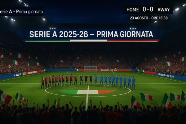 Serie A 2025-26, prima giornata: stadio sold-out al crepuscolo, bandiere tricolori, due squadre in fila (rossoneri vs blu), tabellone 0-0 e scritta “Serie A 2025-26 – Prima giornata” con orario 23 agosto 18:30; nessun logo ufficiale.