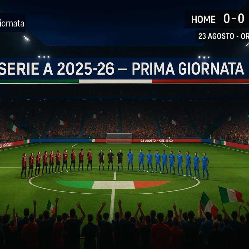 Serie A 2025-26, prima giornata: stadio sold-out al crepuscolo, bandiere tricolori, due squadre in fila (rossoneri vs blu), tabellone 0-0 e scritta “Serie A 2025-26 – Prima giornata” con orario 23 agosto 18:30; nessun logo ufficiale.