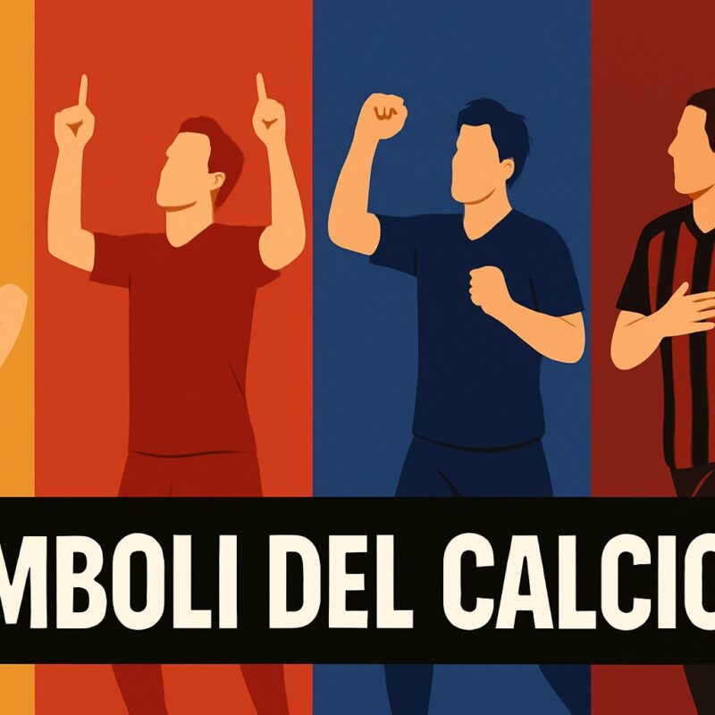 Illustrazione in stile flat con quattro calciatori esultanti su sfondi colorati che richiamano le squadre storiche, con la scritta Simboli del Calcio su fascia nera in primo piano