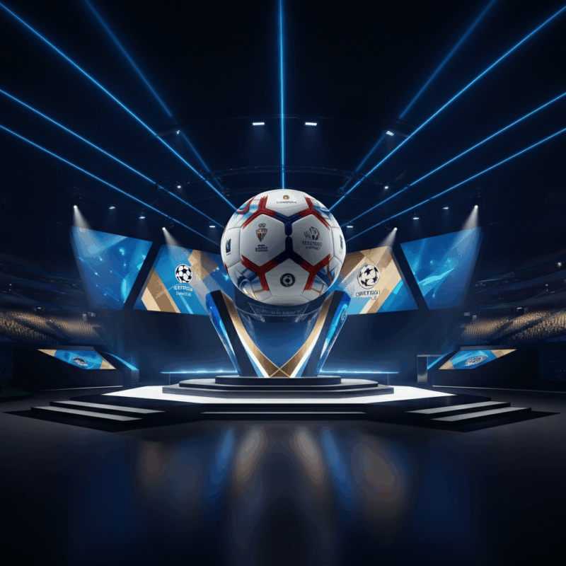 Palcoscenico UEFA con luci blu e dorate per i sorteggi Conference League, con pallone da calcio in primo piano e atmosfera moderna e professionale.