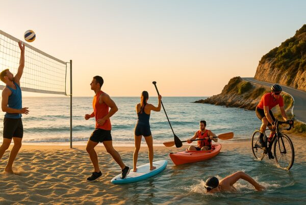 Scena estiva con i I migliori sport da praticare in estate al tramonto: beach volley sulla spiaggia, runner, SUP, kayak, ciclista sulla litoranea e nuotatore in mare.