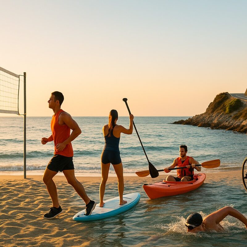 Scena estiva con i I migliori sport da praticare in estate al tramonto: beach volley sulla spiaggia, runner, SUP, kayak, ciclista sulla litoranea e nuotatore in mare.