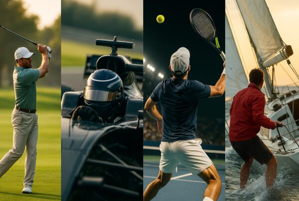 Collage fotografico con quattro tra gli sport più costosi da praticare golfista nello swing, pilota di F1 con casco alla guida, tennista di spalle mentre esegue uno smash, velista che vira su barca a vela.