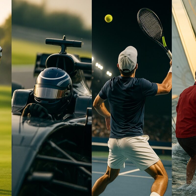 Collage fotografico con quattro tra gli sport più costosi da praticare golfista nello swing, pilota di F1 con casco alla guida, tennista di spalle mentre esegue uno smash, velista che vira su barca a vela.
