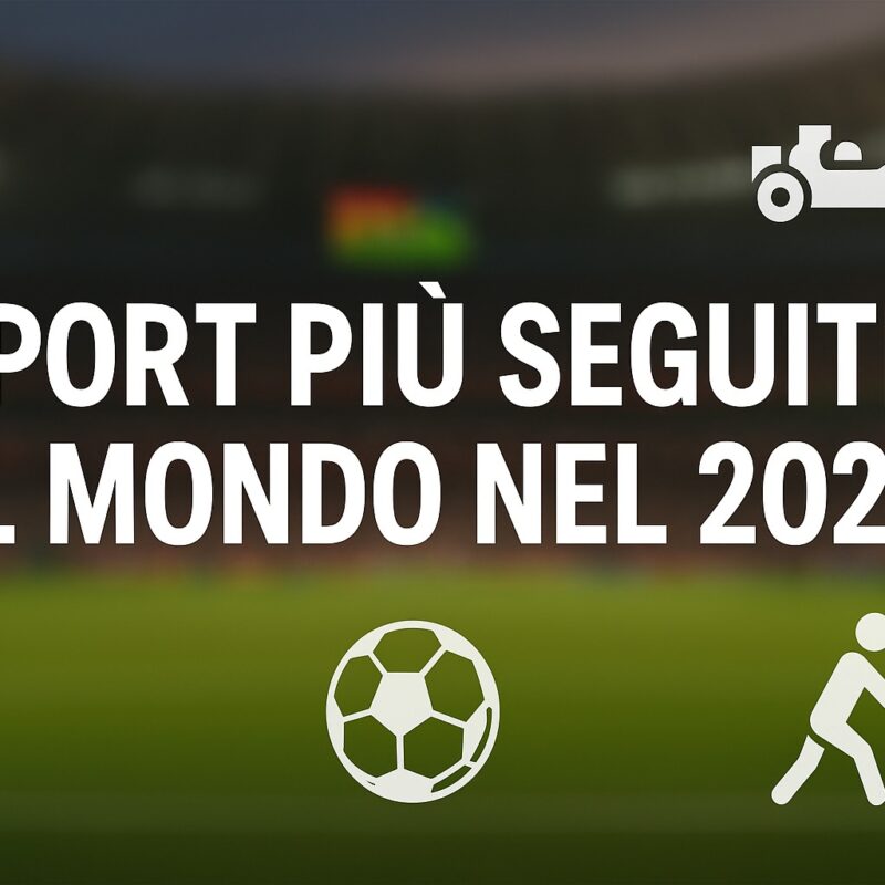 Grafica digitale in 16:9 con la scritta “Sport più seguiti nel 2025”, accompagnata da icone bianche stilizzate di calcio, basket, tennis e Formula 1 su sfondo di stadio sfocato.