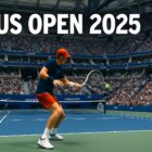 US Open 2025: tennista in azione sul campo blu dell’Arthur Ashe Stadium, pubblico gremito e scritta “US OPEN 2025” in bianco in alto.