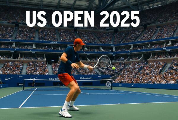 US Open 2025: tennista in azione sul campo blu dell’Arthur Ashe Stadium, pubblico gremito e scritta “US OPEN 2025” in bianco in alto.