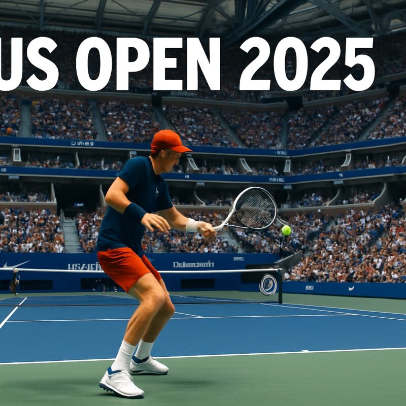 US Open 2025: tennista in azione sul campo blu dell’Arthur Ashe Stadium, pubblico gremito e scritta “US OPEN 2025” in bianco in alto.