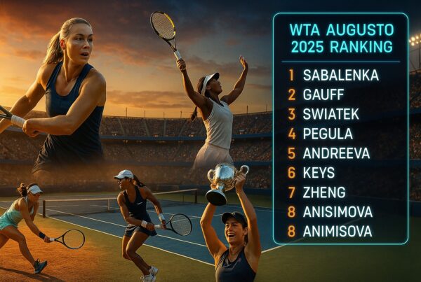 Composito 16:9 sul tennis femminile: atlete in azione su campo al tramonto e pannello a destra con la top-8 “WTA agosto 2025 ranking” (Sabalenka, Gauff, Swiatek, Pegula, Andreeva, Keys, Zheng, Anisimova).